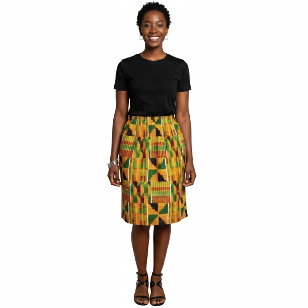 Elegant Multicolor Geometric Kente Midi Skirt